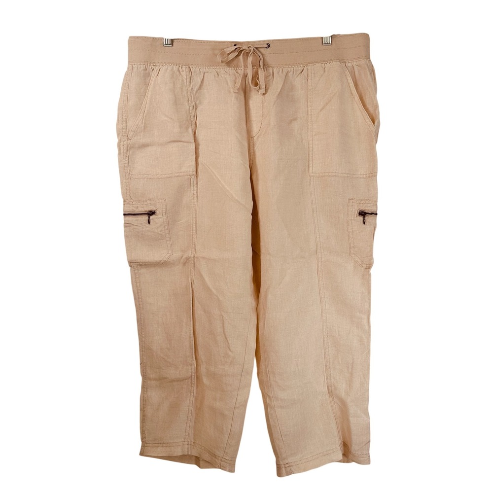 Style & Co Womens XL Tan 100% Linen Cargo Capri Pants Elastic Drawstring Waist